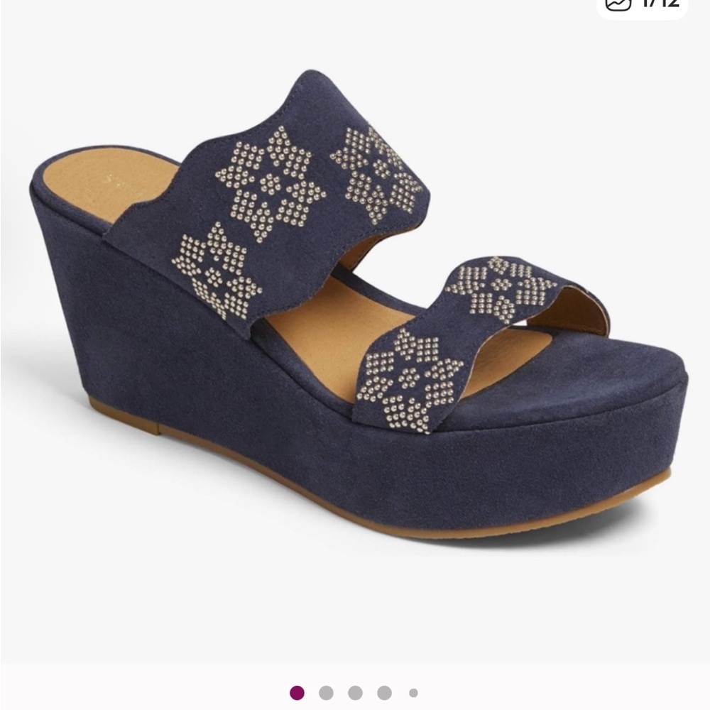 Jack Rogers Margaux Suede Studded Wedge Sandals Denim Navy Blue size 8 shoes - Picture 9 of 9